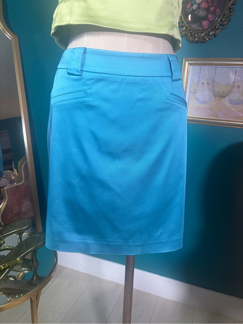 Cache Y2K Turquoise Satin Pencil Skirt Size 6